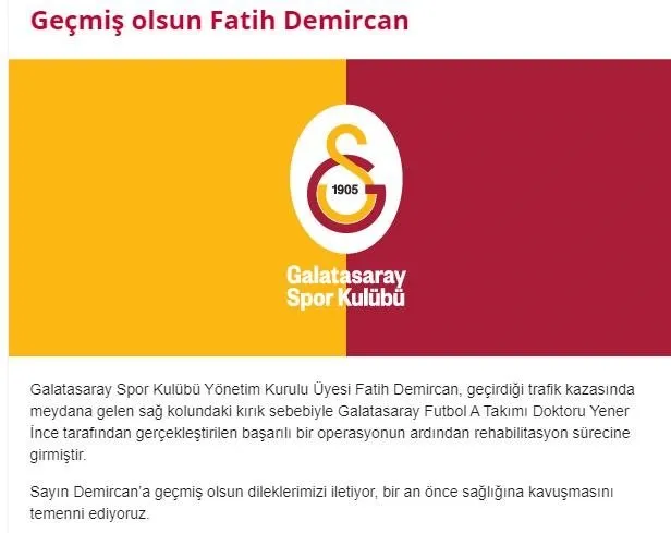 Galatasaray yönetim kurulu üyesi Fatih Demircan trafik kazası geçirdi